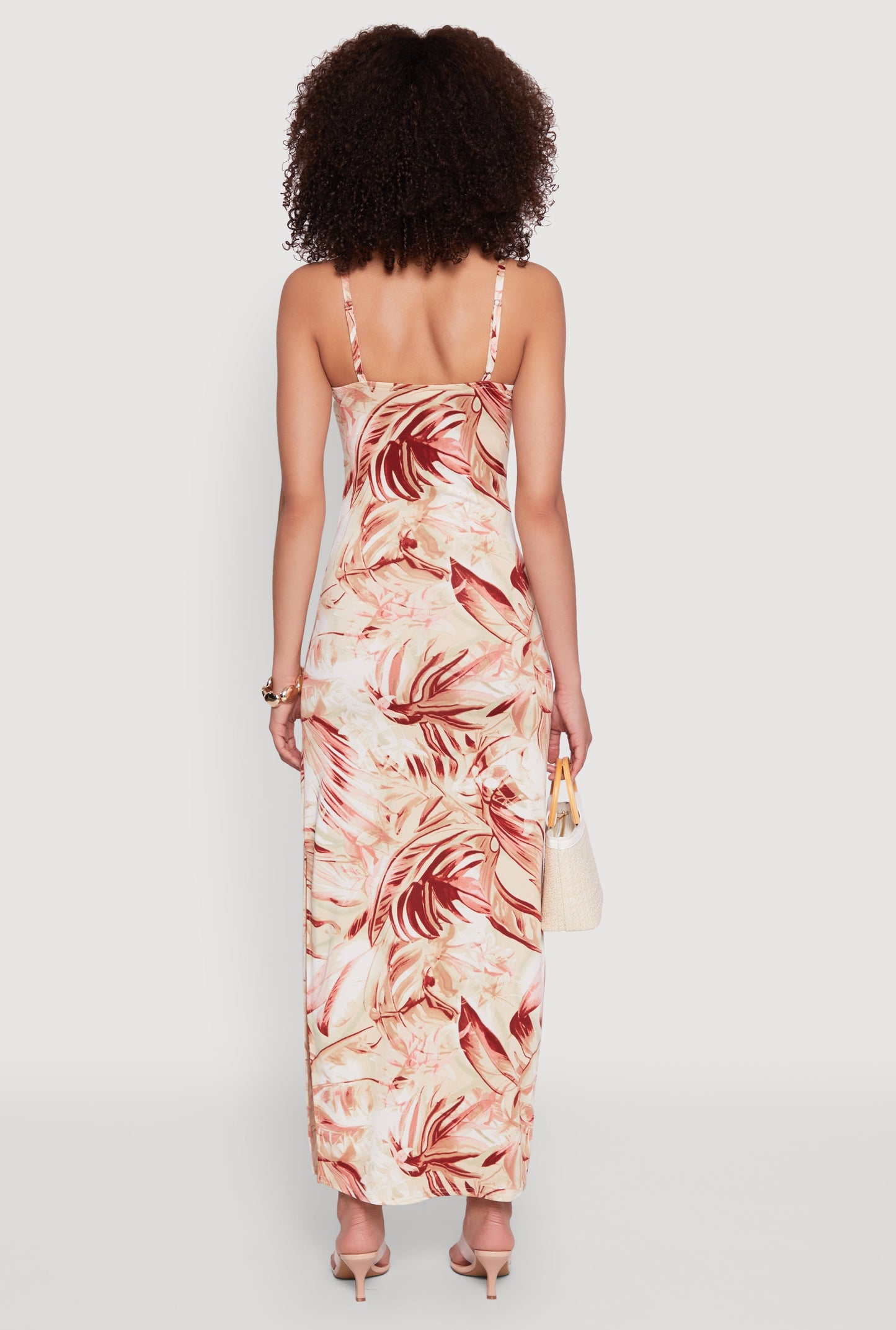 Side Slit Leaf Print Cami Maxi Dress