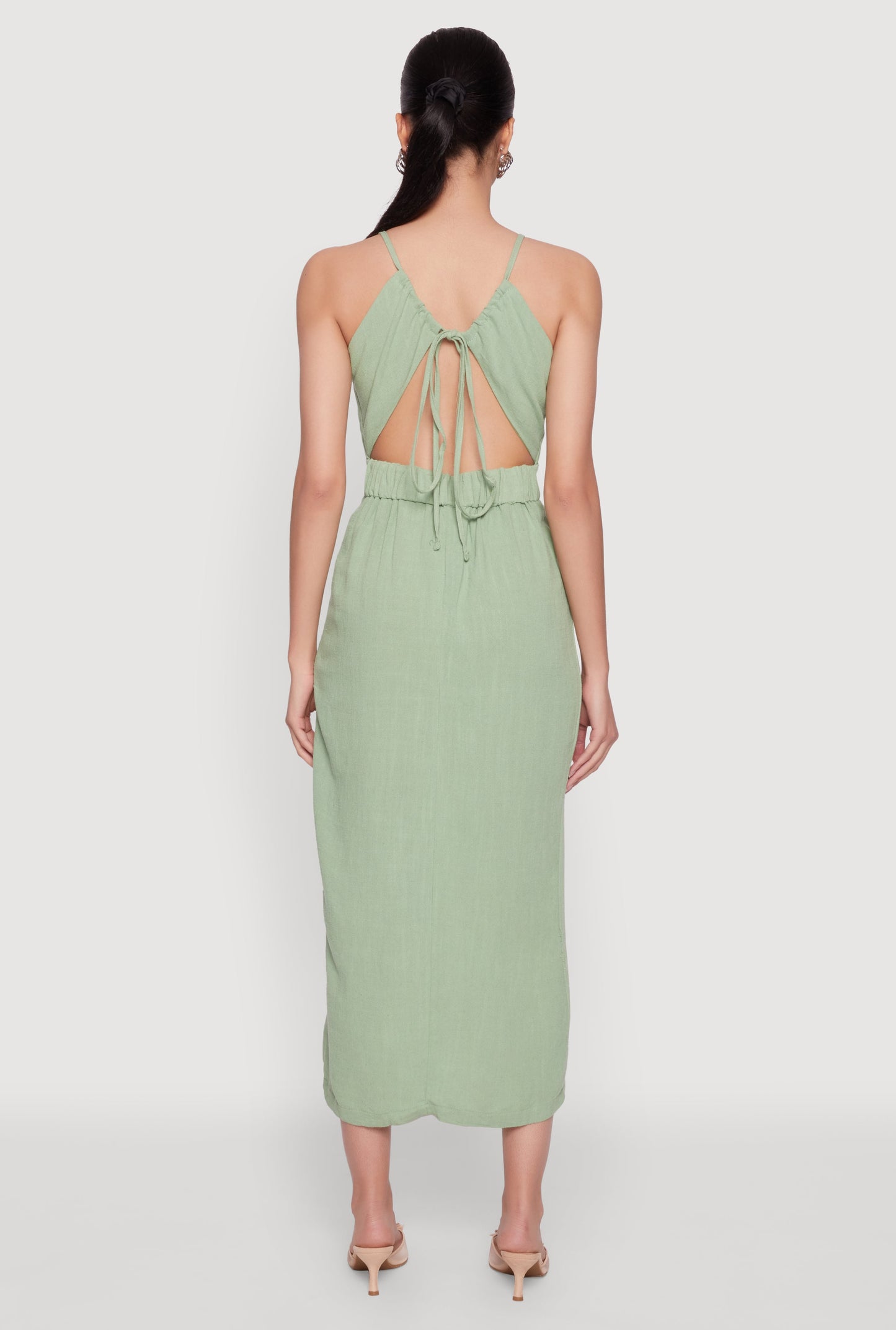 Open Tie Back Button Front Maxi Dress
