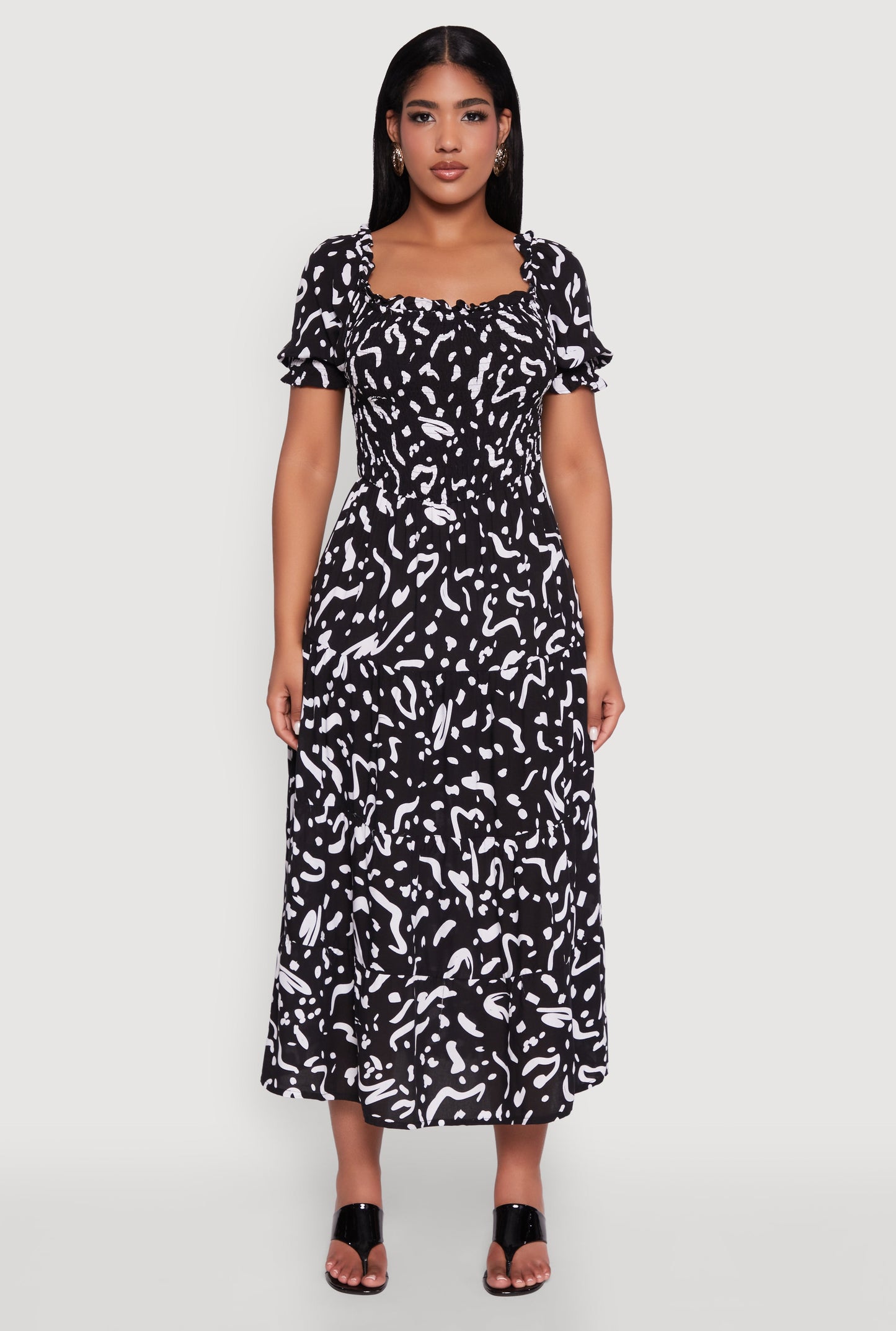 Patterned Smocked Maxi Peasant Dress
