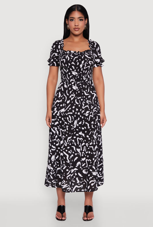 Patterned Smocked Maxi Peasant Dress