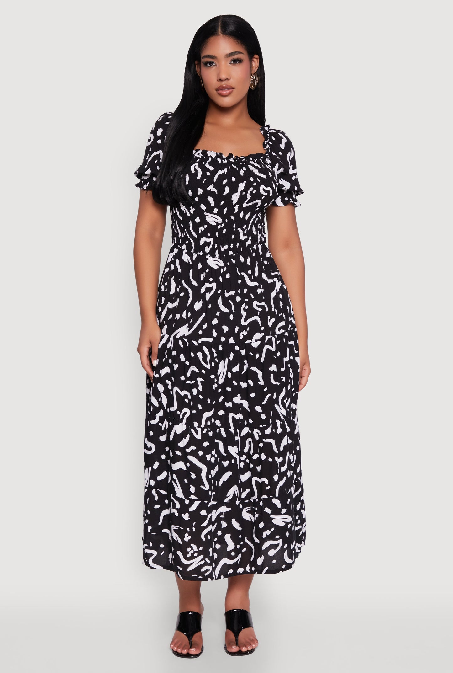 Patterned Smocked Maxi Peasant Dress
