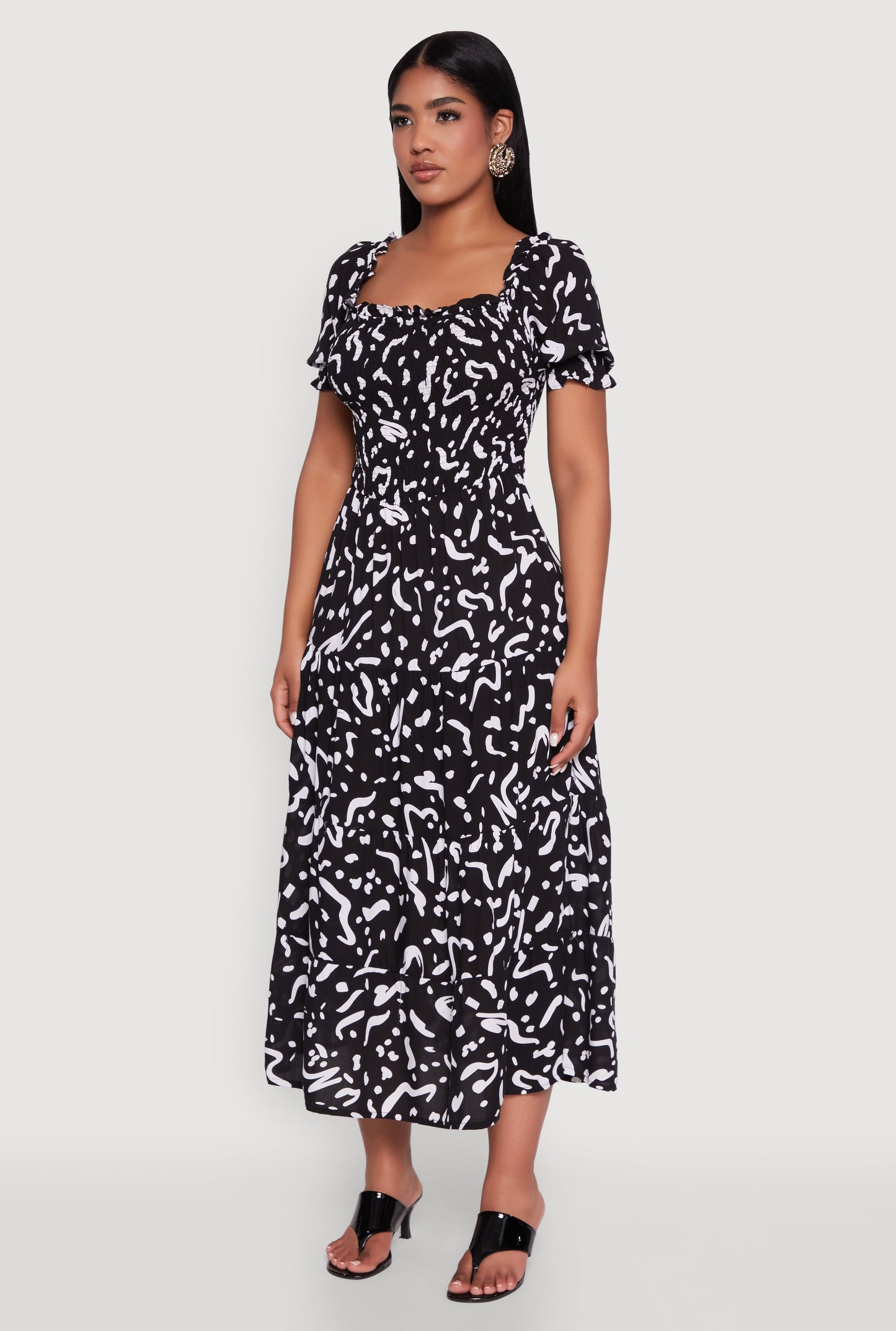 Patterned Smocked Maxi Peasant Dress