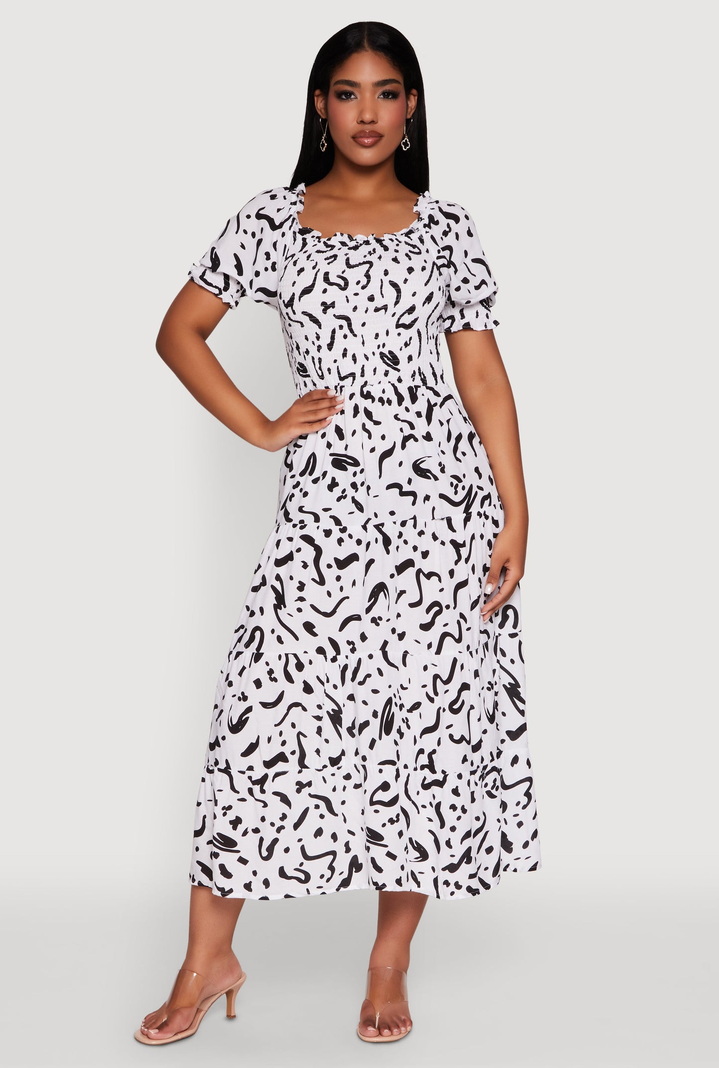 Patterned Smocked Maxi Peasant Dress