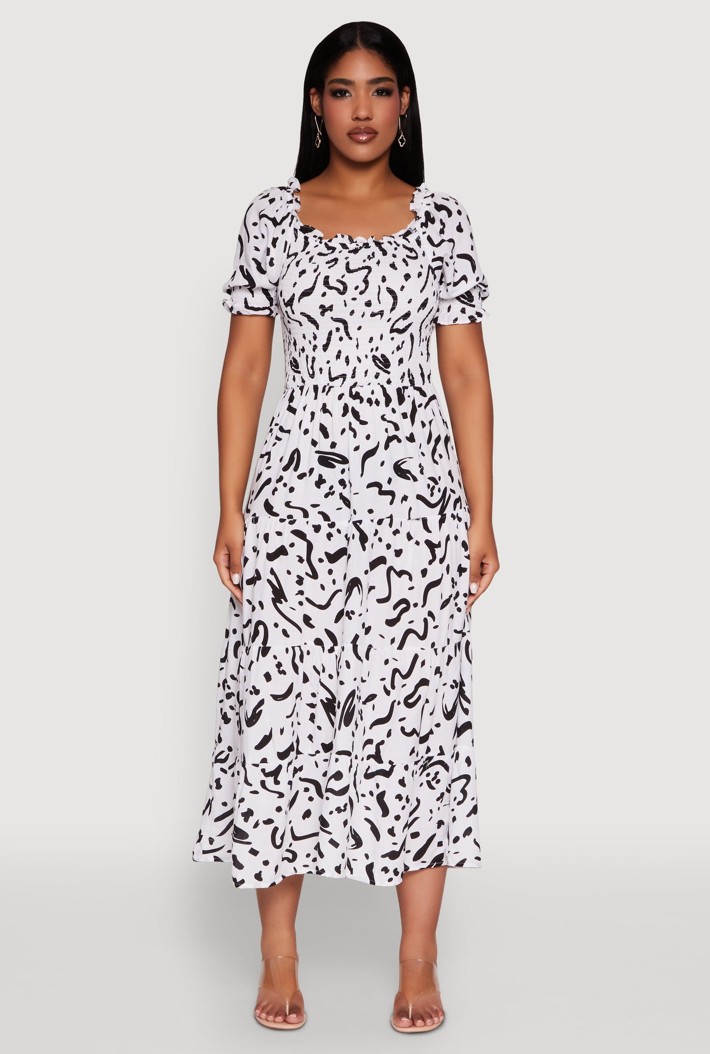 Patterned Smocked Maxi Peasant Dress
