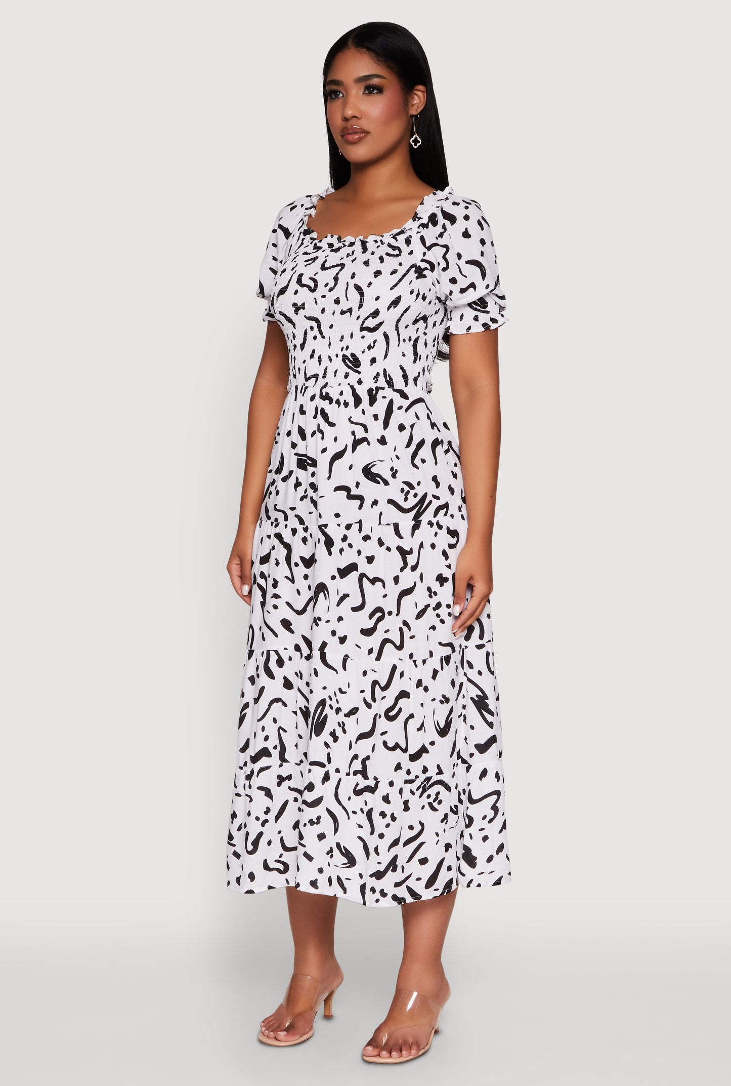 Patterned Smocked Maxi Peasant Dress