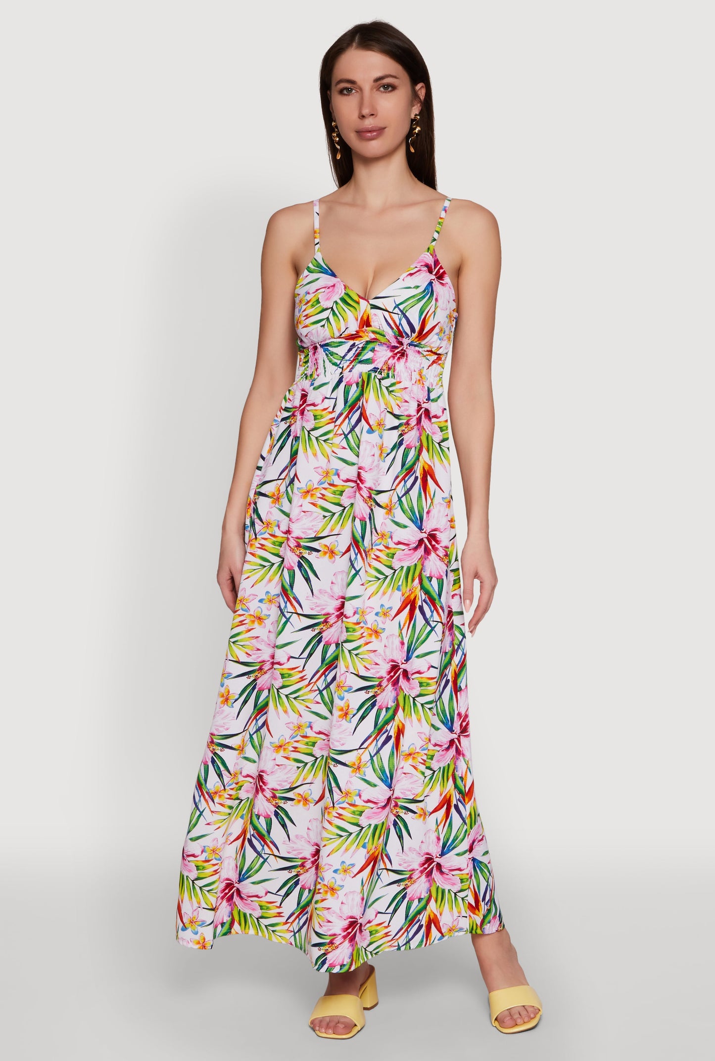 Tropical Floral Maxi Dress with V Neck and Smocked Details