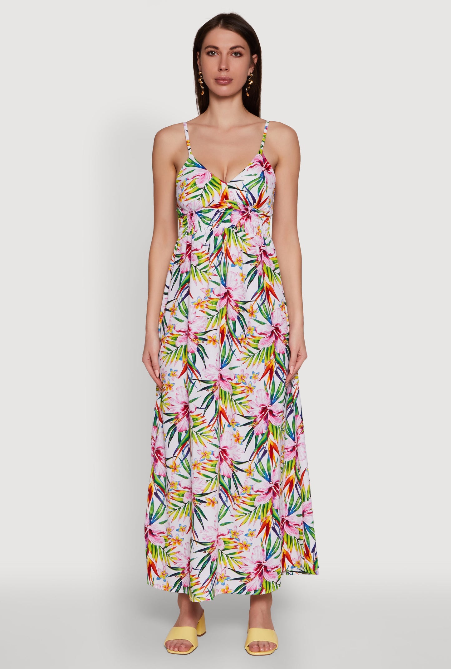 Tropical Floral Maxi Dress with V Neck and Smocked Details