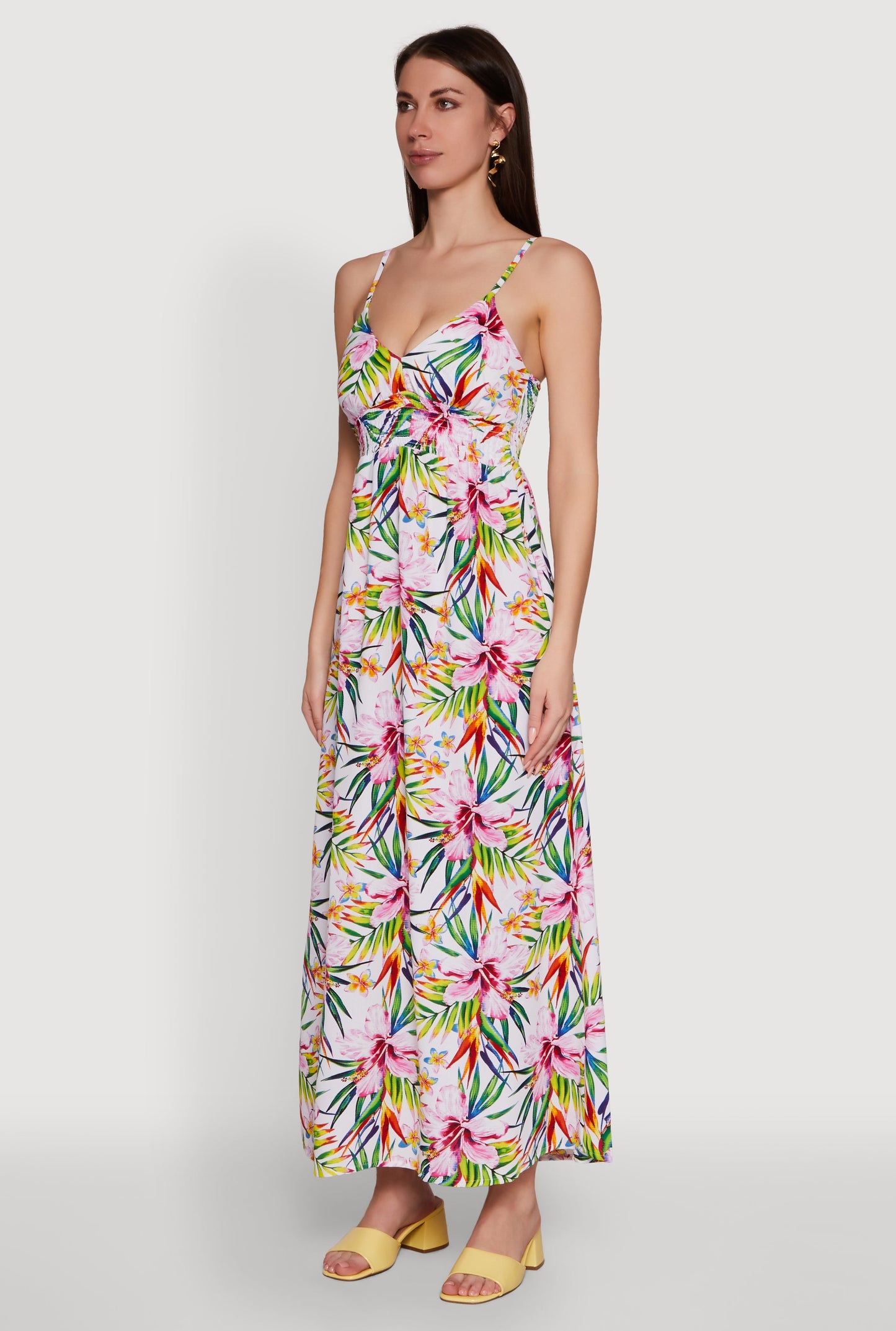 Tropical Floral Maxi Dress with V Neck and Smocked Details