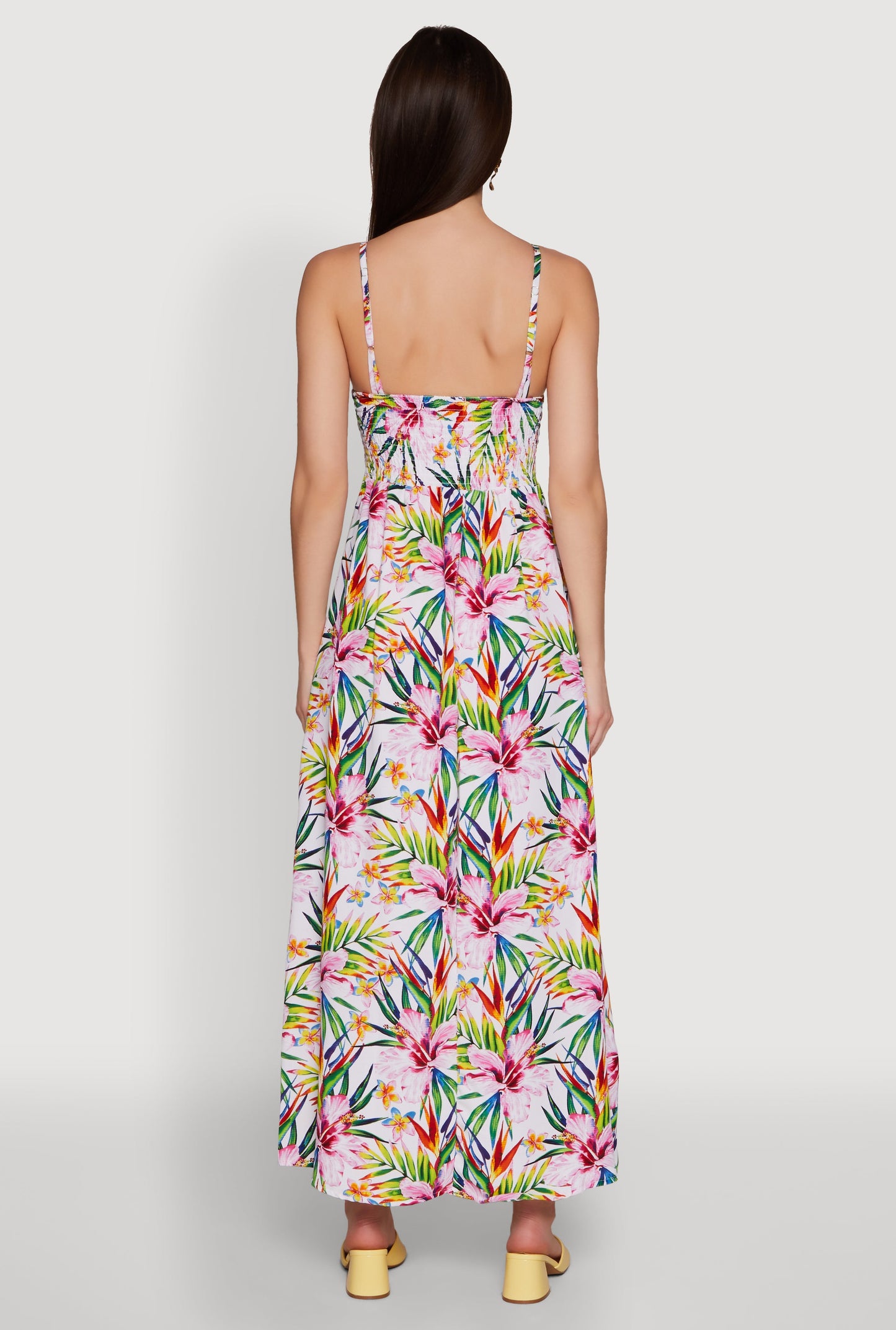 Tropical Floral Maxi Dress with V Neck and Smocked Details