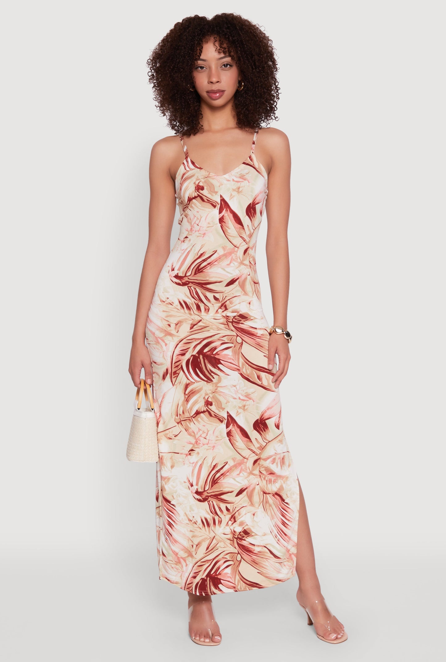 Side Slit Leaf Print Cami Maxi Dress