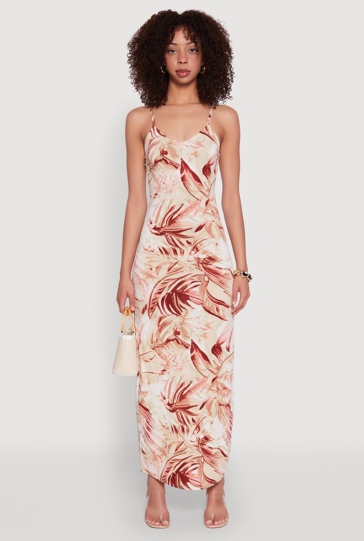 Side Slit Leaf Print Cami Maxi Dress