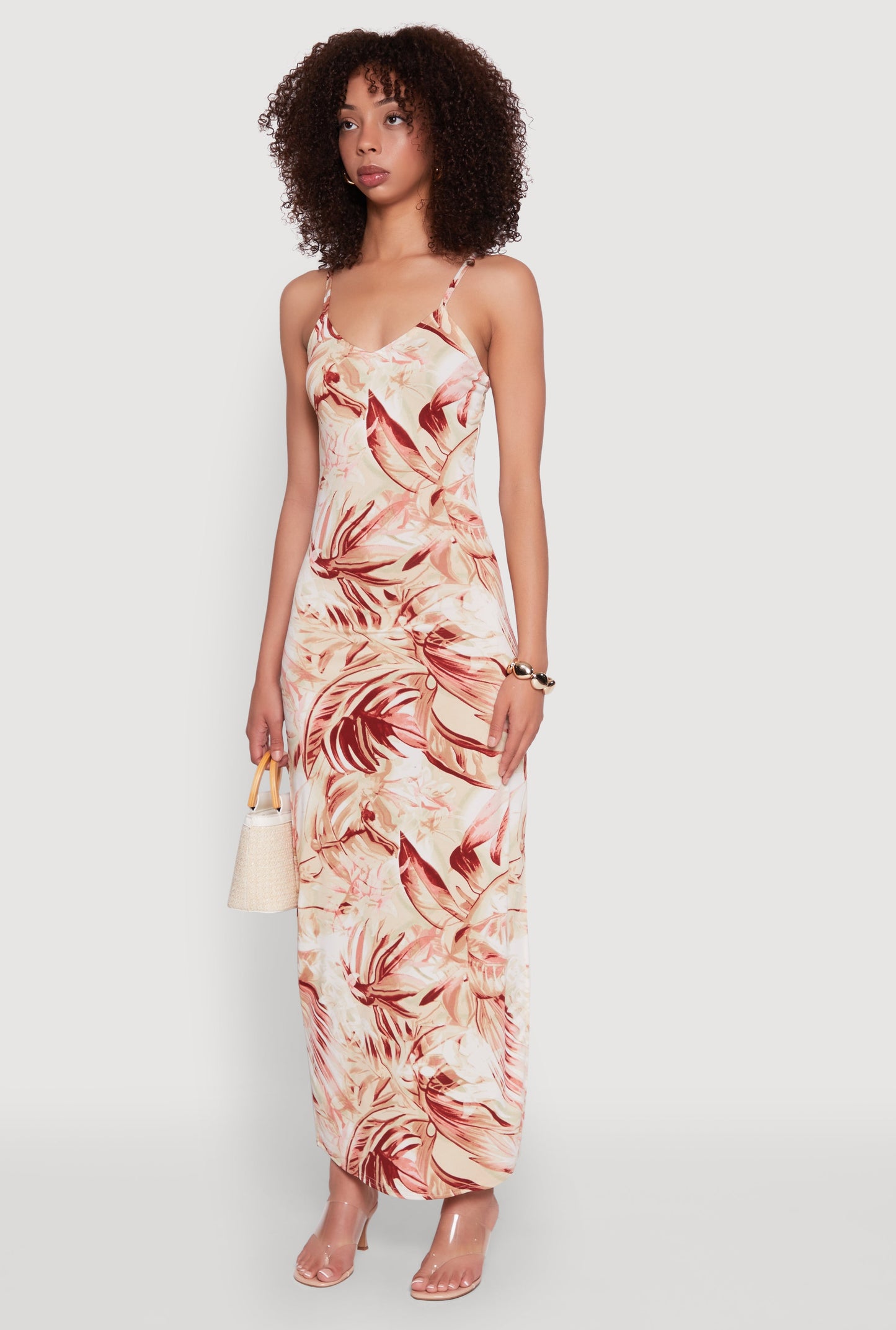 Side Slit Leaf Print Cami Maxi Dress
