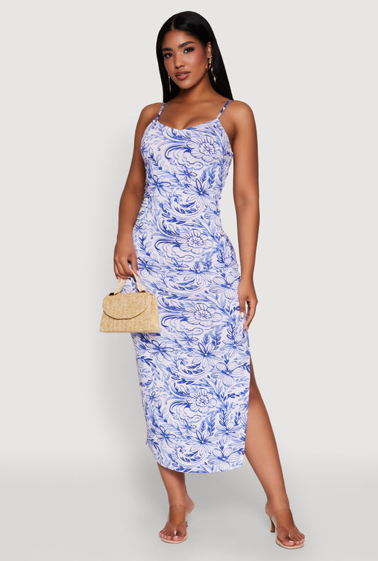 Side Slit Flower Print Cami Maxi Dress