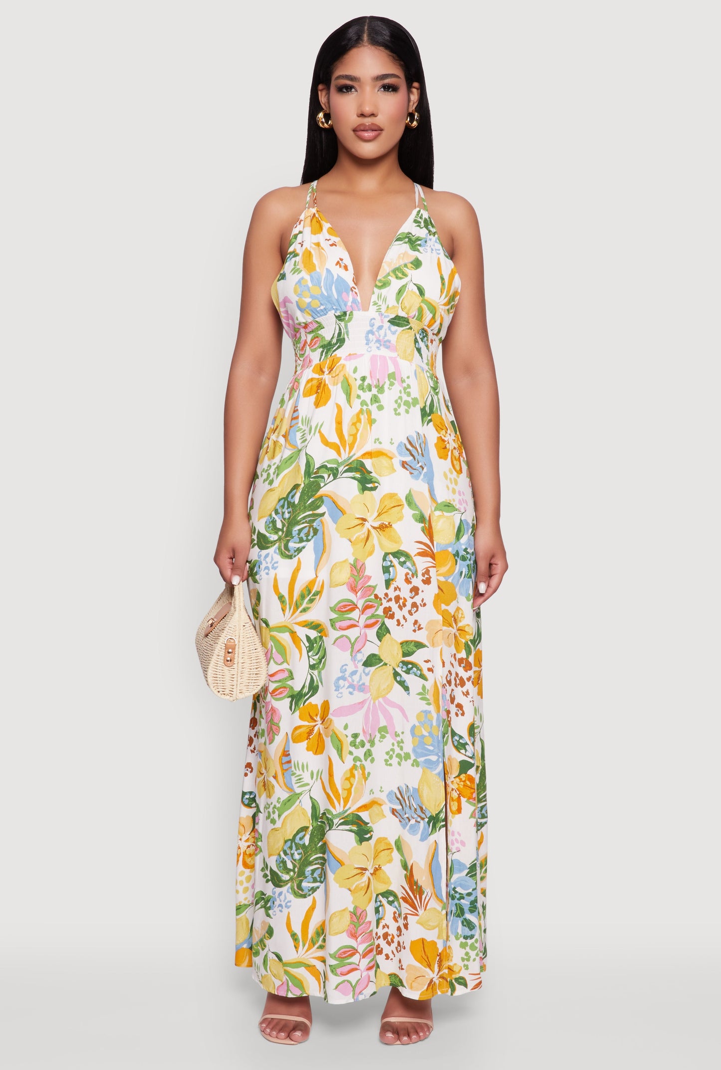 Chic Floral Sleeveless Sundress with Side Slit and Caged Back