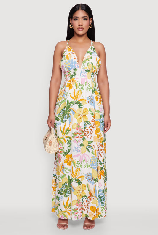 Chic Floral Sleeveless Sundress with Side Slit and Caged Back
