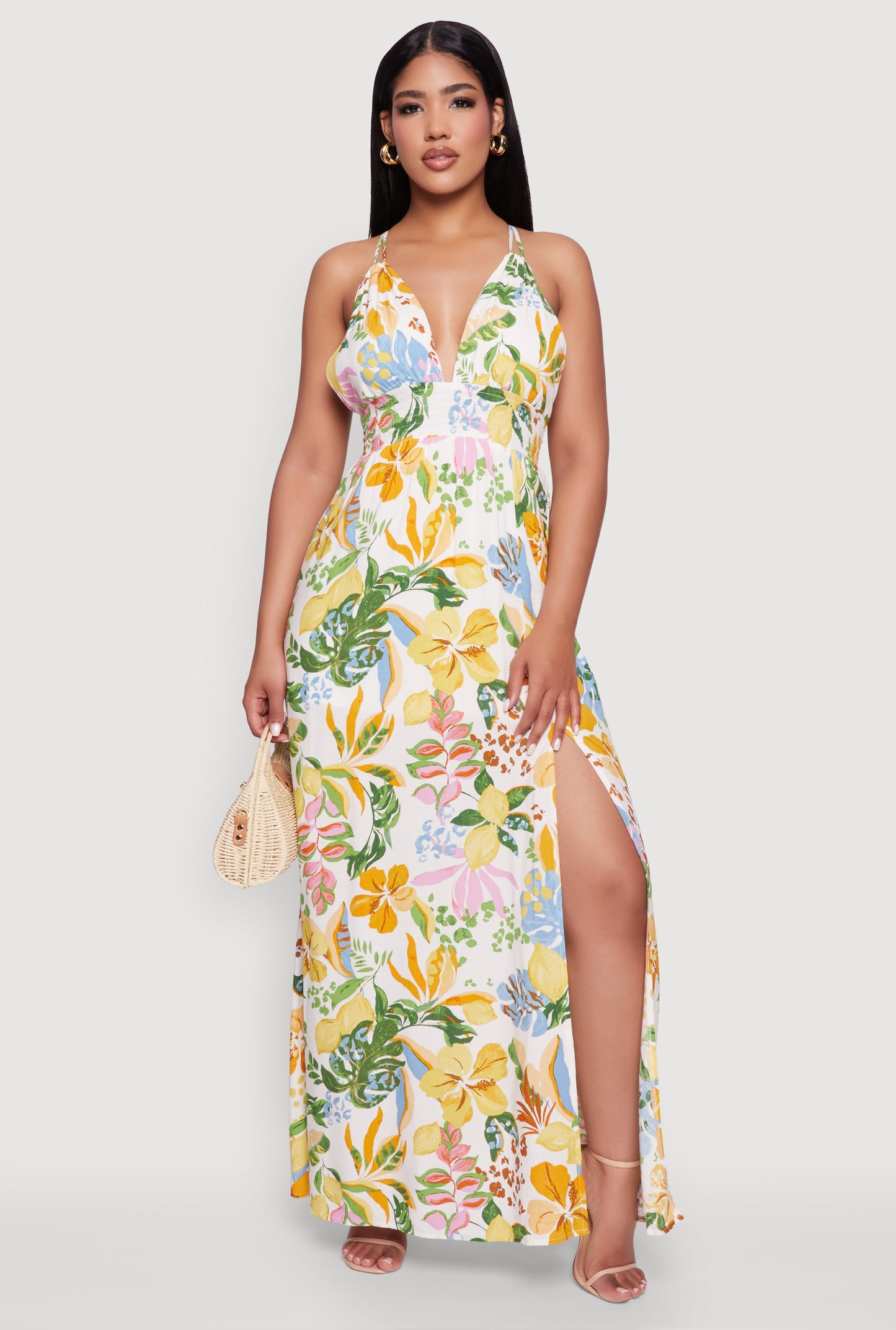 Chic Floral Sleeveless Sundress with Side Slit and Caged Back