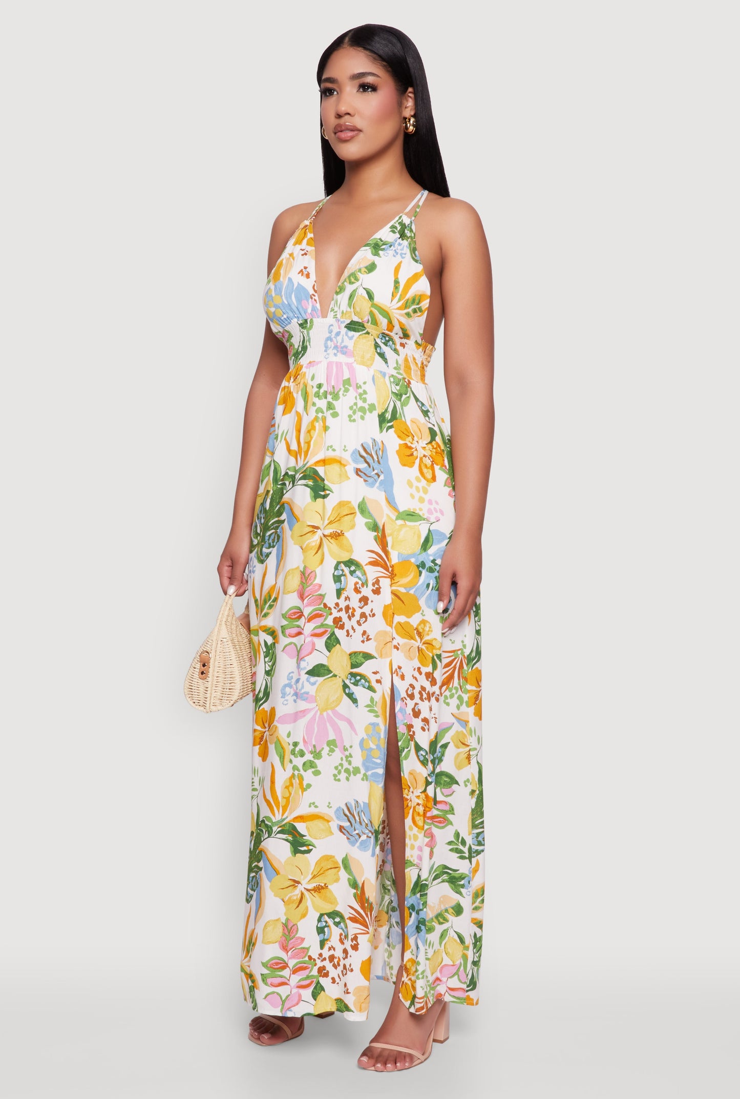 Chic Floral Sleeveless Sundress with Side Slit and Caged Back
