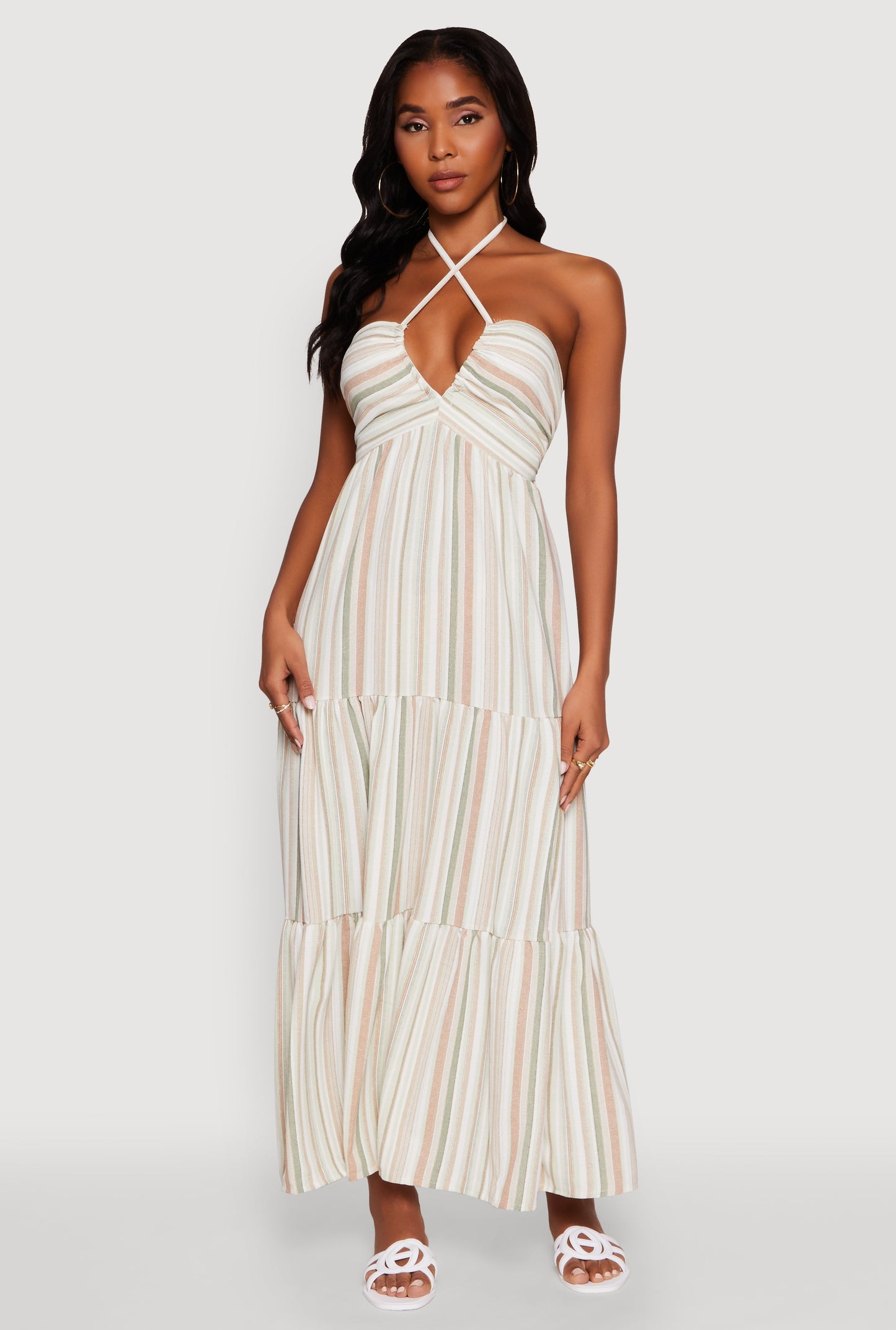 Madden Girl Striped Tiered Halter Maxi Dress