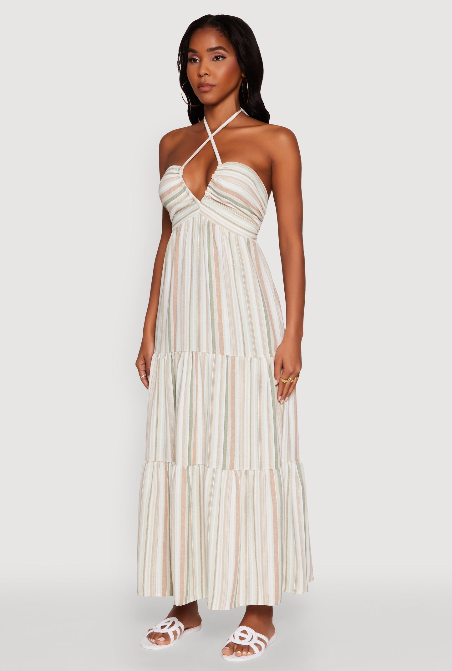Madden Girl Striped Tiered Halter Maxi Dress