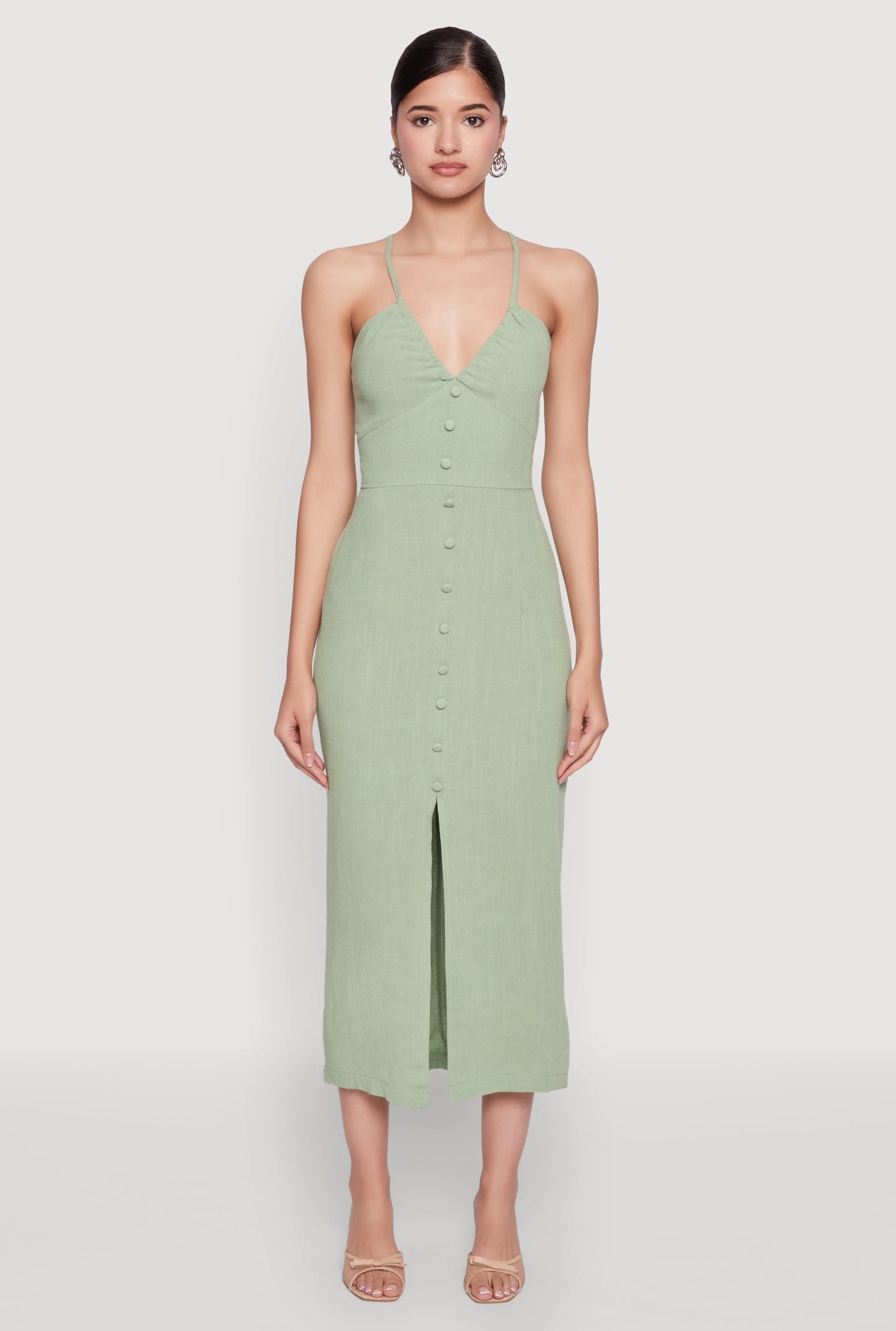 Open Tie Back Button Front Maxi Dress