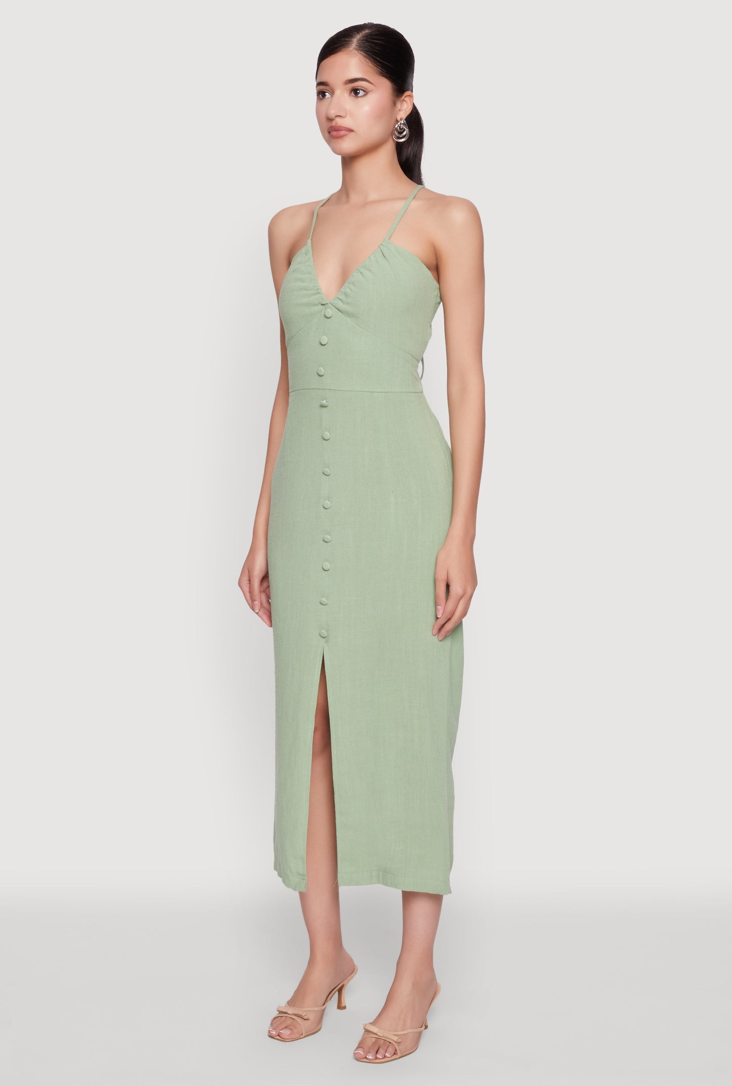 Open Tie Back Button Front Maxi Dress