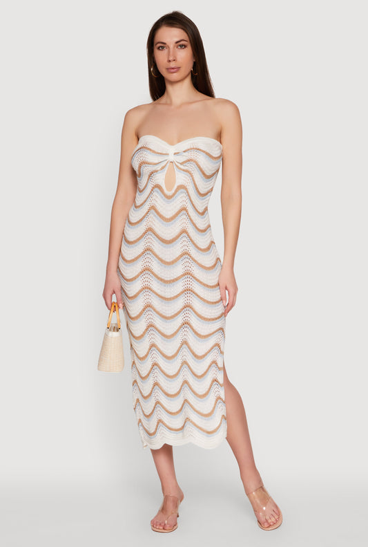Madden Girl Pointelle Knit Strapless Tube Dress with Side Slit