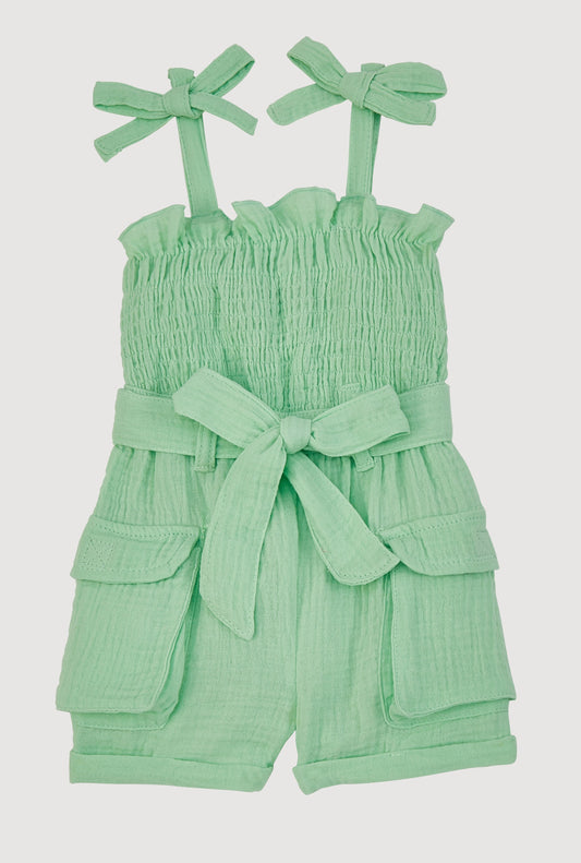 Baby Girls Gauze Knit Bow Strap Romper with Tie Waist Belt