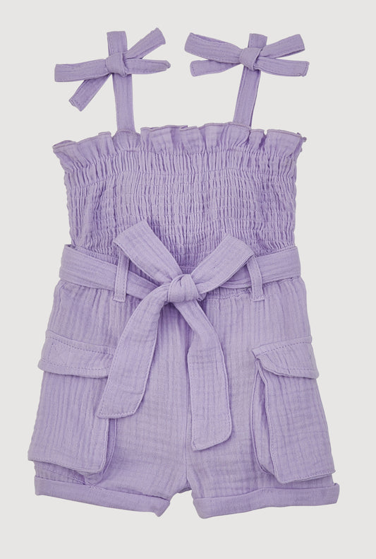 Baby Girls Gauze Knit Bow Strap Romper with Tie Waist Belt