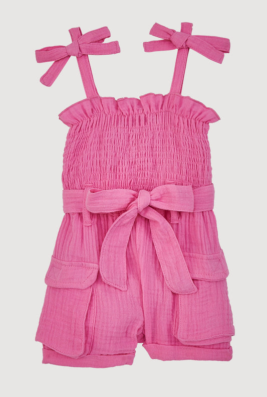Baby Girls Gauze Knit Bow Strap Romper with Tie Waist Belt