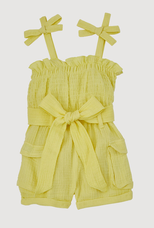 Baby Girls Gauze Knit Bow Strap Romper with Tie Waist Belt