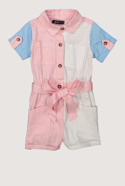 Baby Girls 12-24M Color Block Tie Waist Utility Romper