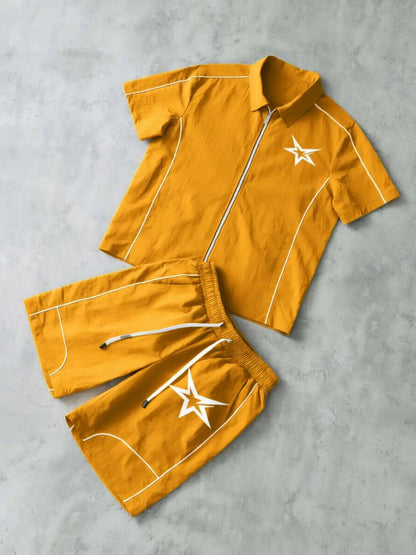 Star Print 2-Piece Set | Short Sleeve Zipper Shirt & Gym Shorts