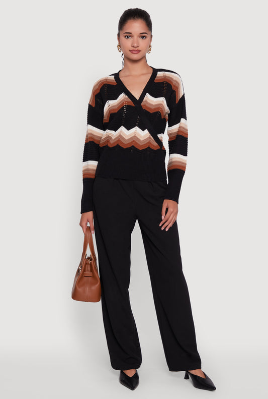 Chevron Print Ribbed Knit Faux Wrap V-Neck Sweater