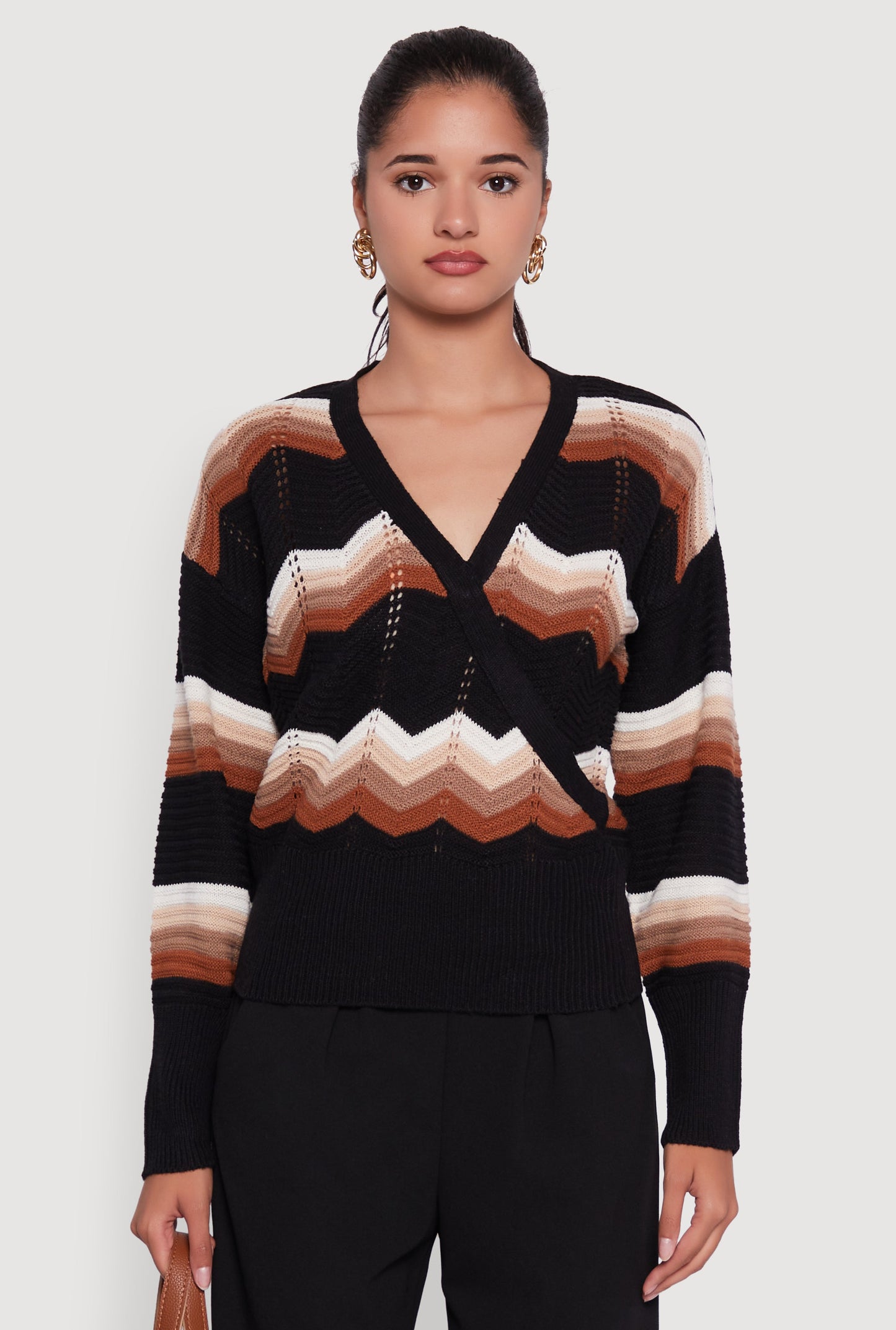 Chevron Print Ribbed Knit Faux Wrap V-Neck Sweater