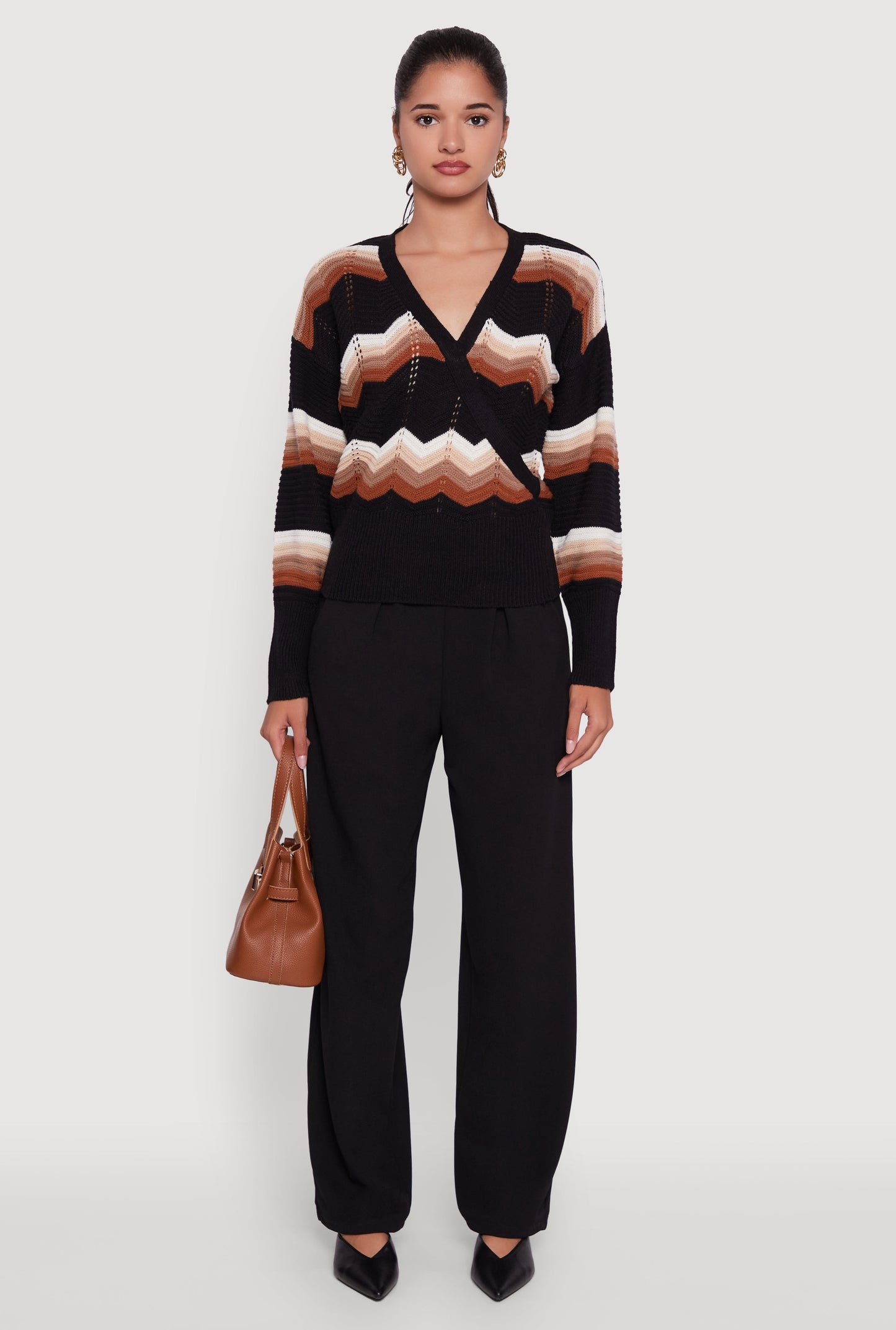 Chevron Print Ribbed Knit Faux Wrap V-Neck Sweater