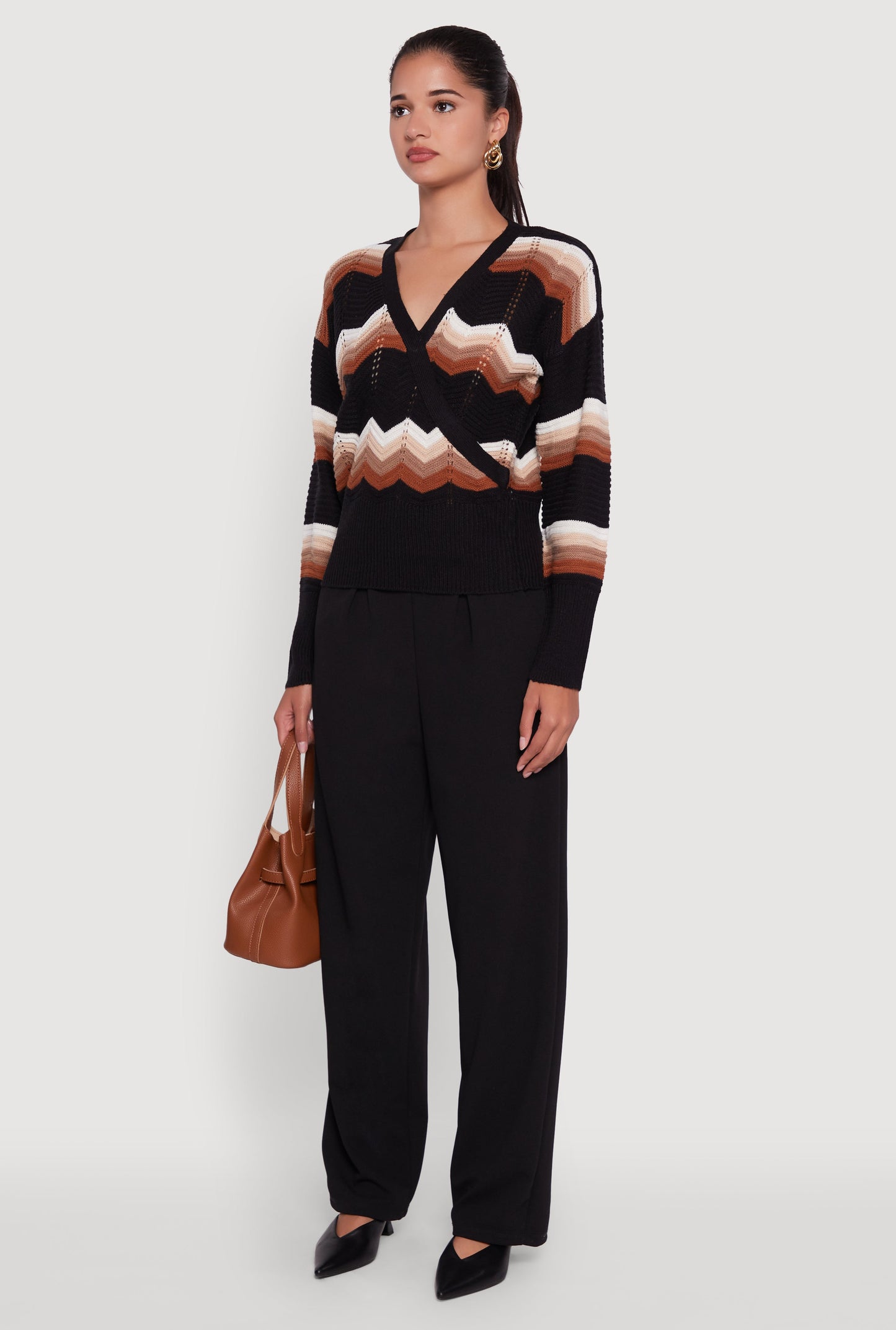 Chevron Print Ribbed Knit Faux Wrap V-Neck Sweater