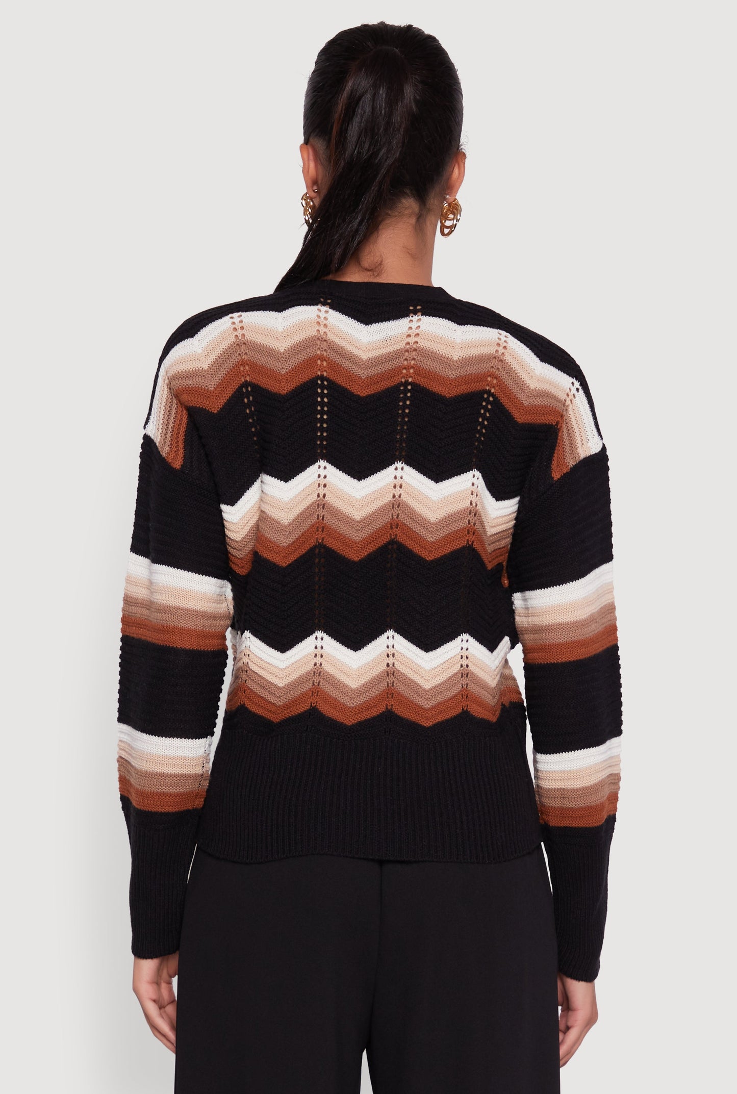 Chevron Print Ribbed Knit Faux Wrap V-Neck Sweater