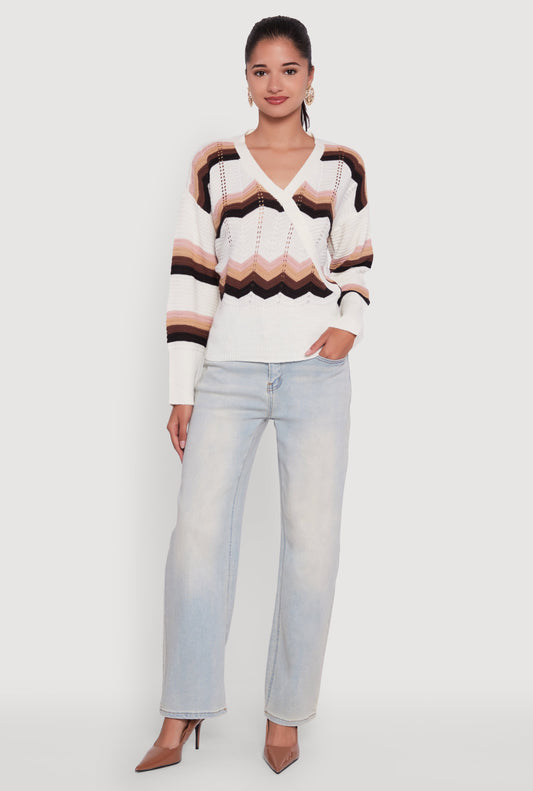 Chevron Print Ribbed Knit Faux Wrap V-Neck Sweater