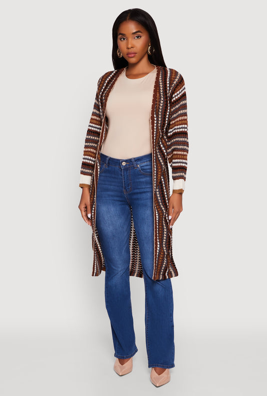 Striped Crochet Open Front Long Cardigan