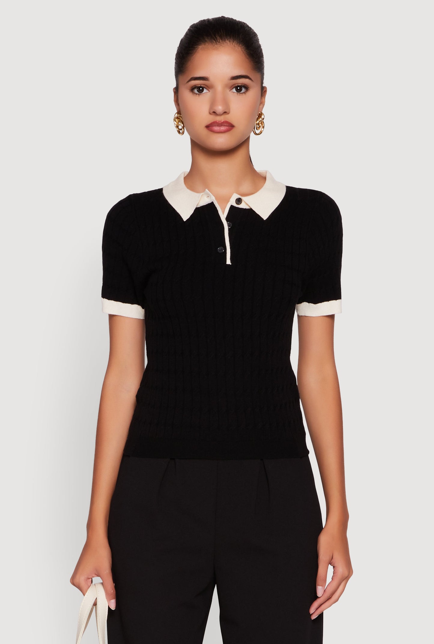 Contrast Trim Cable Knit Sweater Polo