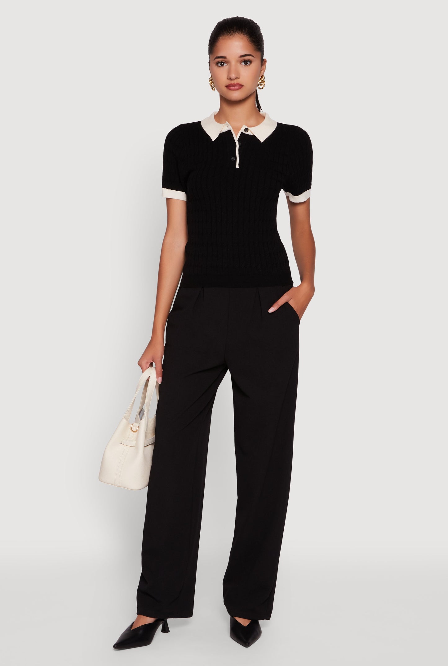 Contrast Trim Cable Knit Sweater Polo
