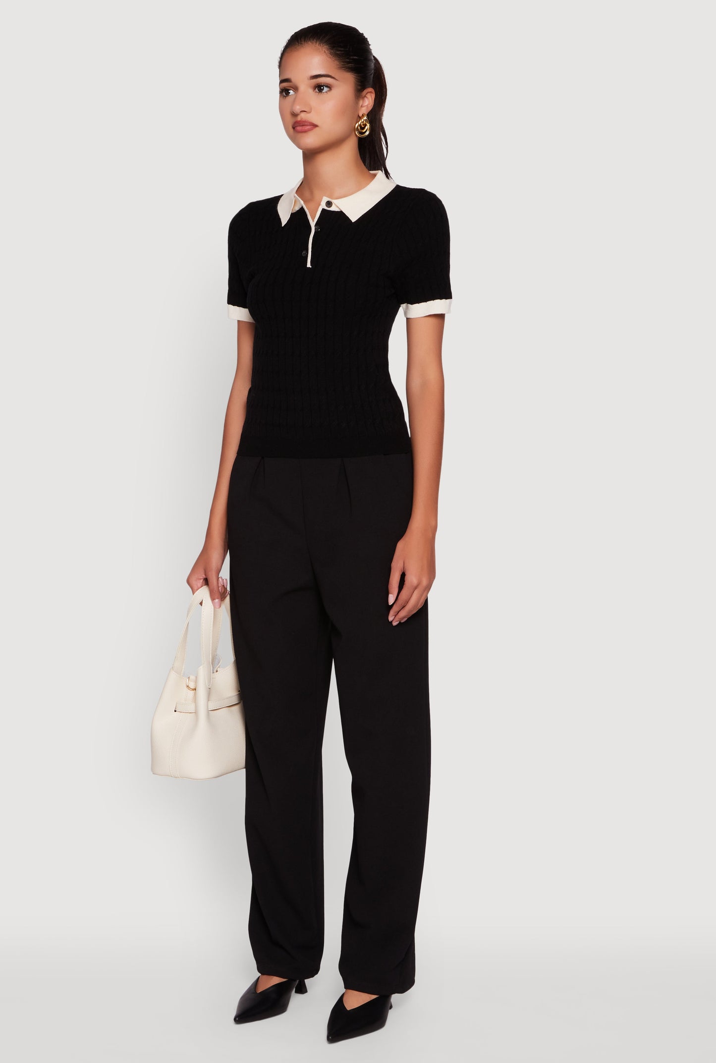 Contrast Trim Cable Knit Sweater Polo