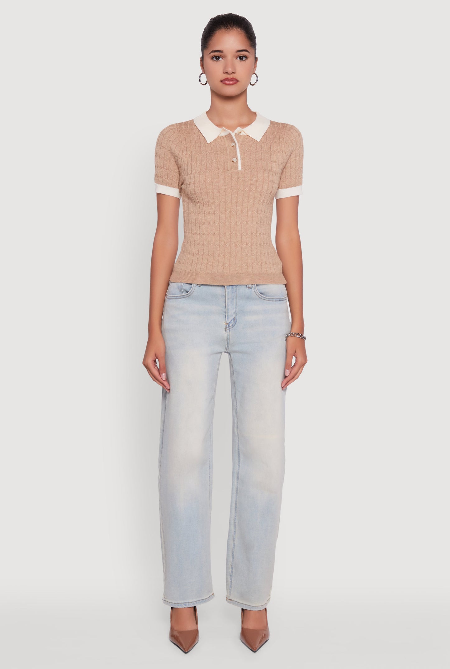 Contrast Trim Cable Knit Sweater Polo