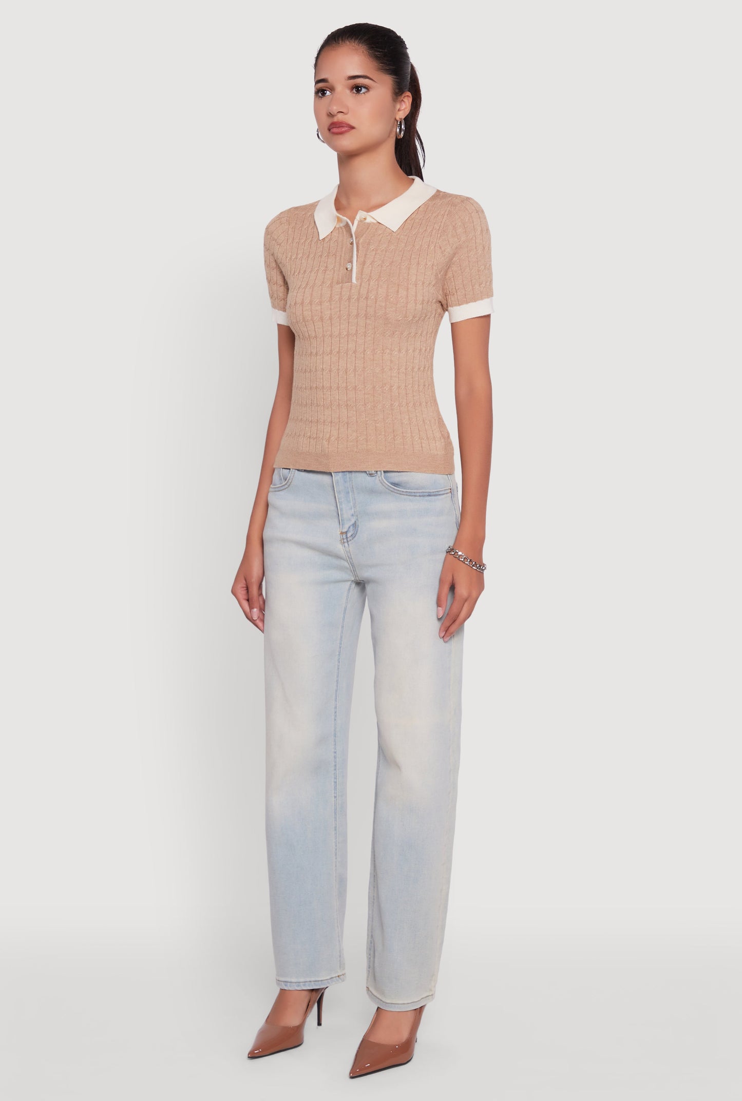 Contrast Trim Cable Knit Sweater Polo