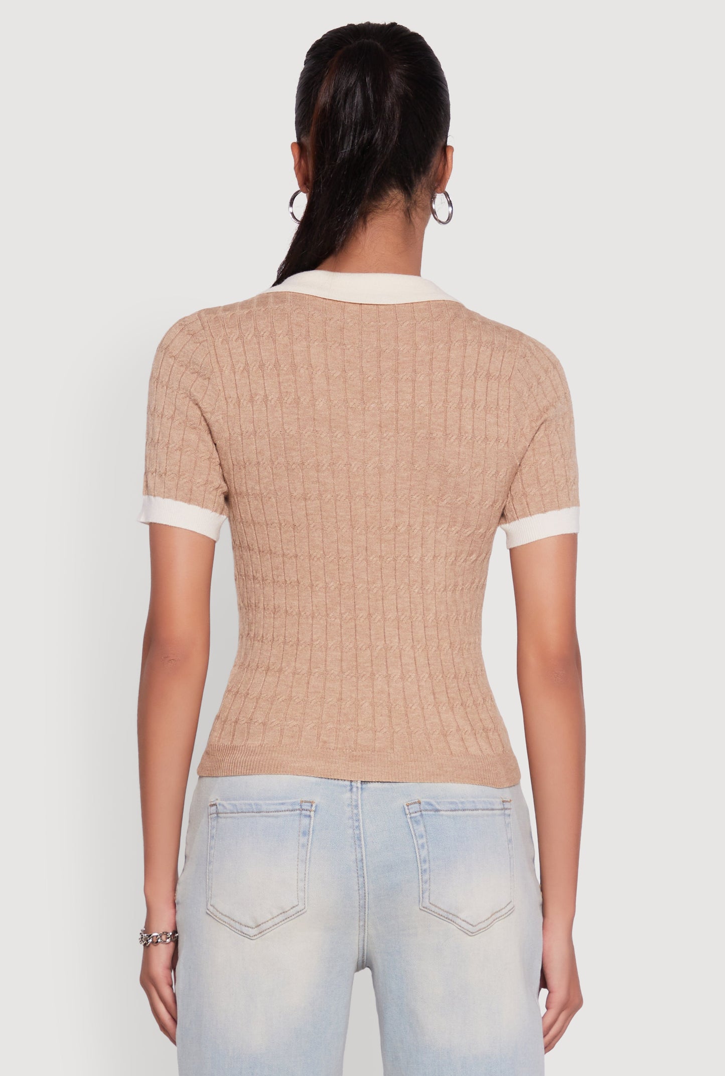 Contrast Trim Cable Knit Sweater Polo