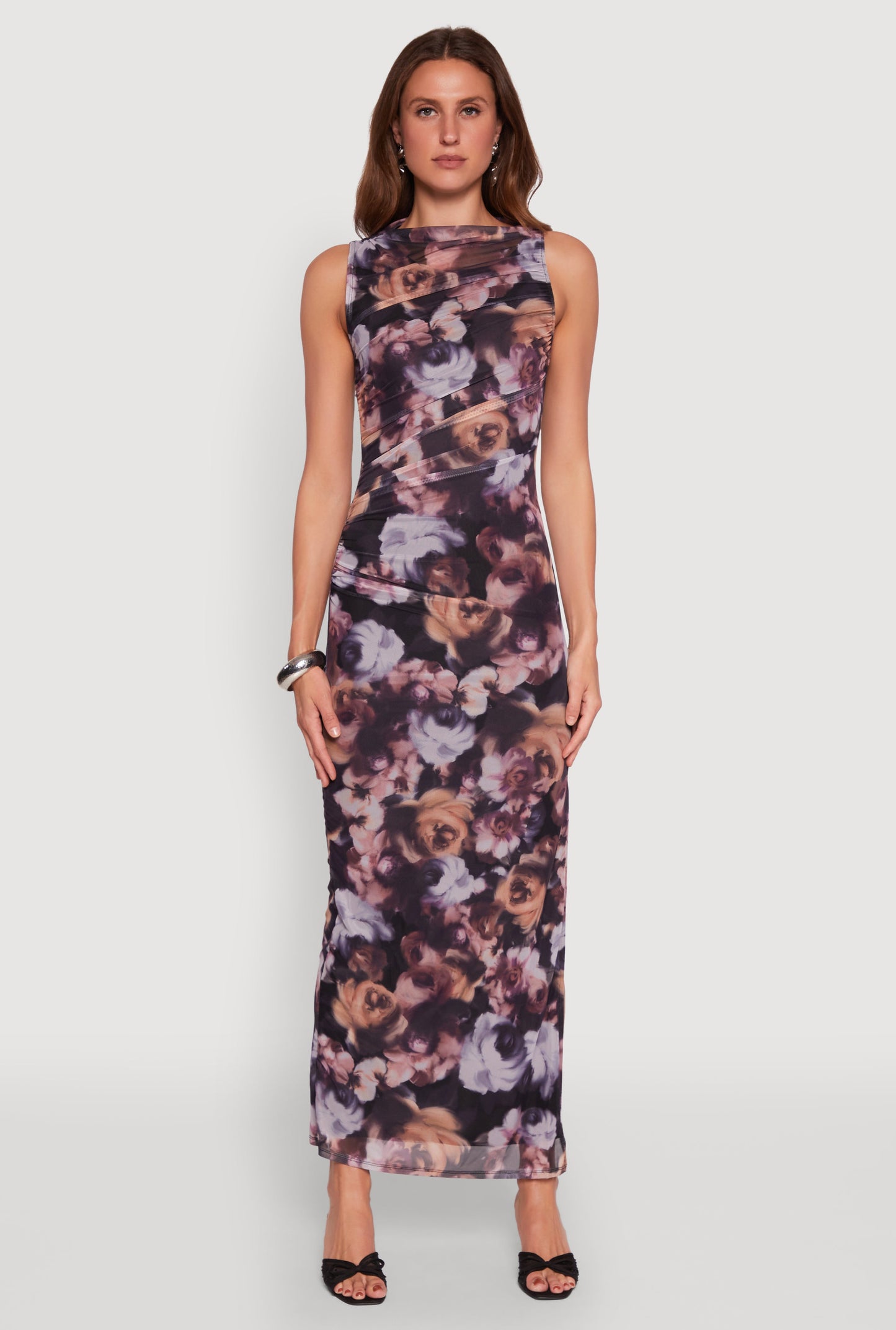 Haute Monde Side Ruched Floral Mesh Dress