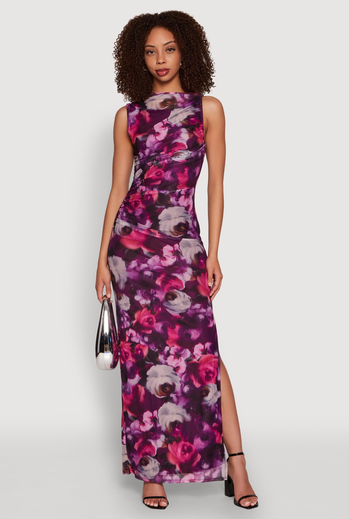 Haute Monde Side Ruched Floral Mesh Dress