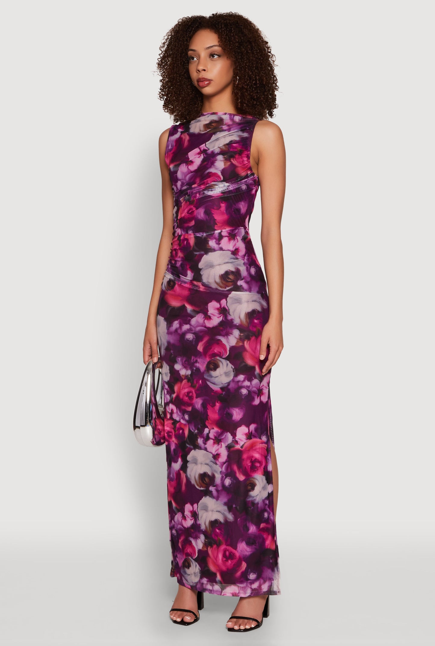 Haute Monde Side Ruched Floral Mesh Dress