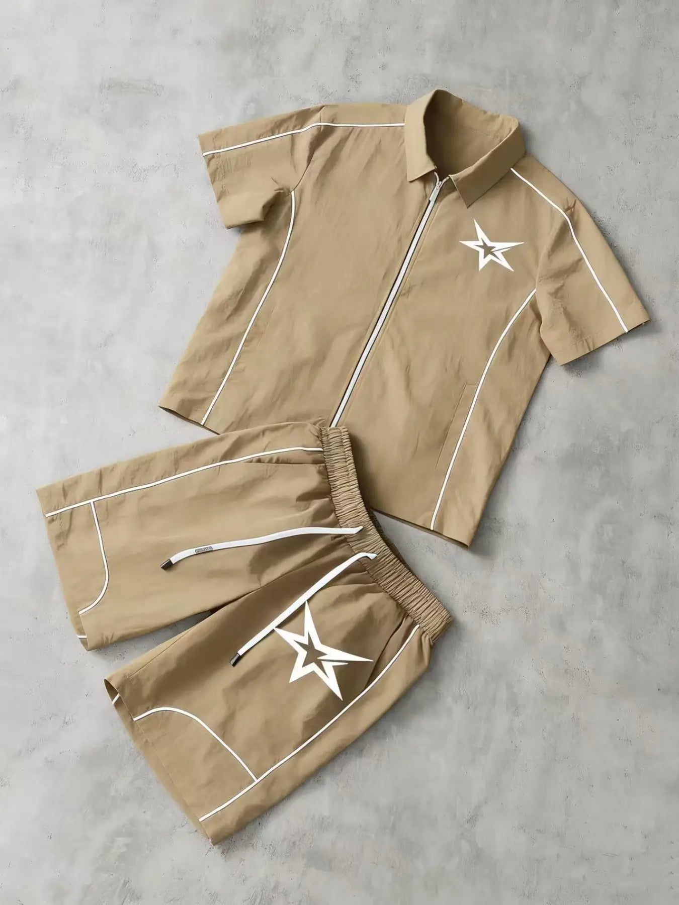 Star Print 2-Piece Set | Short Sleeve Zipper Shirt & Gym Shorts