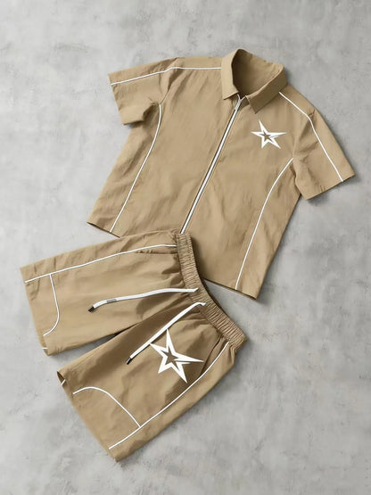 Star Print 2-Piece Set | Short Sleeve Zipper Shirt & Gym Shorts